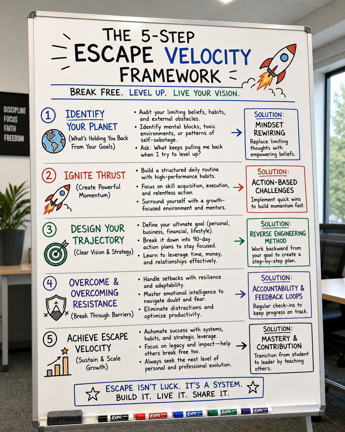 Mychael’s handwritten five-step Escape Velocity Framework with each phase, principle, and solution